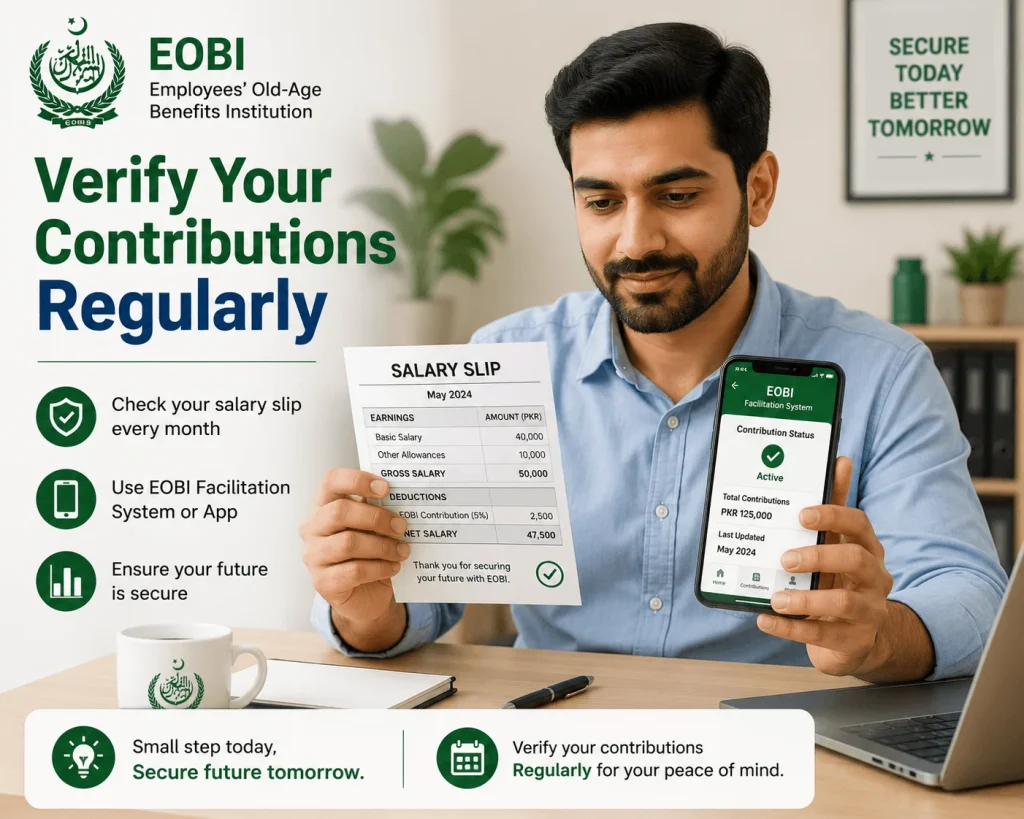 Worker verifying EOBI contributions using salary slip and mobile phone